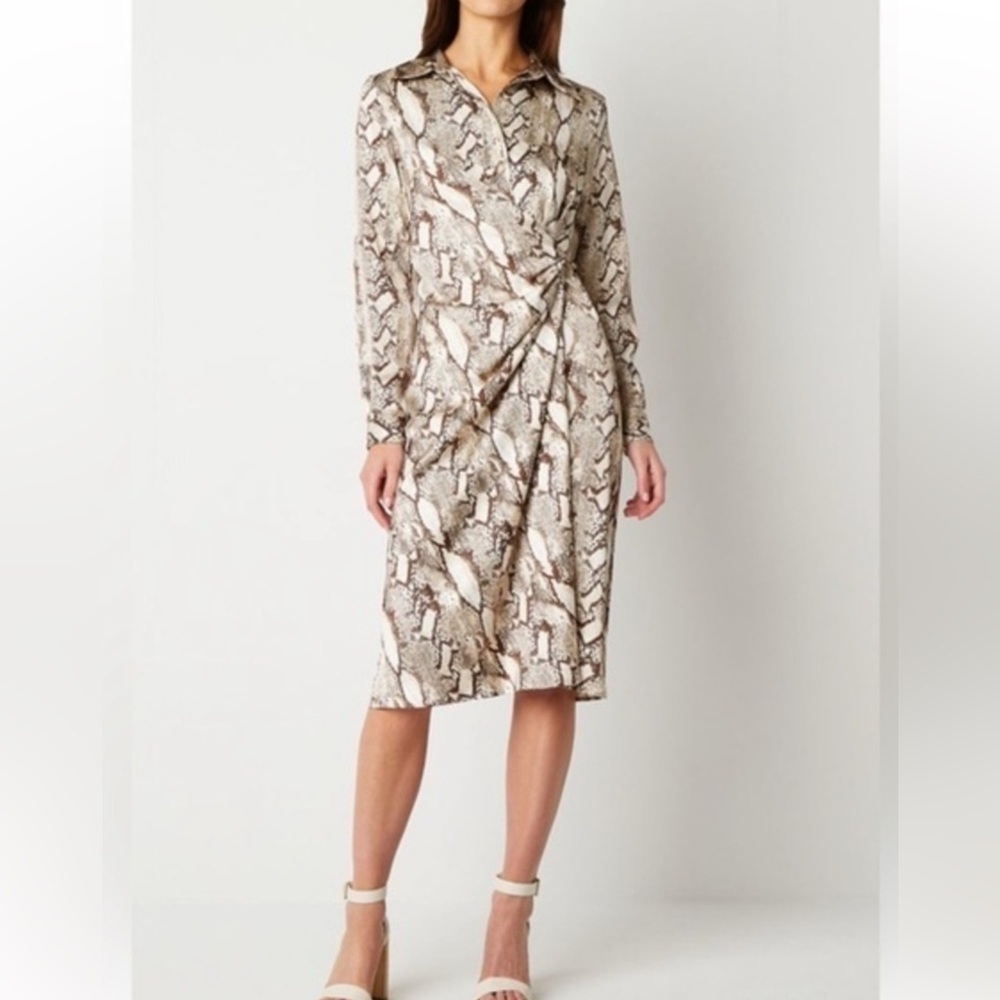 NWT Worthington Leona Satin Shirt Dress XXL Brown Animal Rattlesnake Faux Wrap